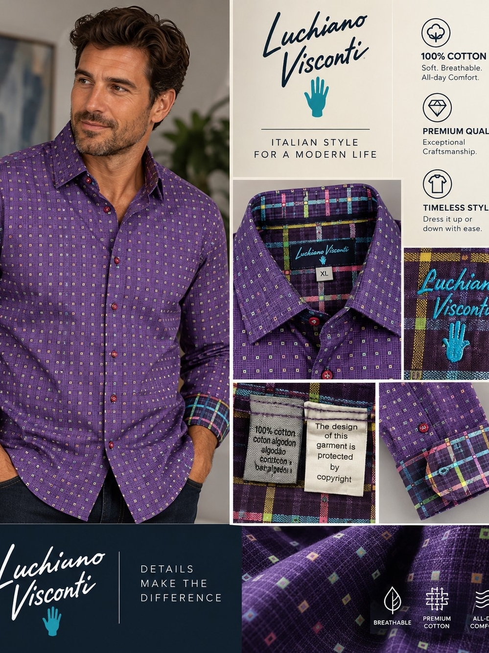 Luciano Visconti Shirt Mens XL Purple Geometric 100% Cotton Button Up